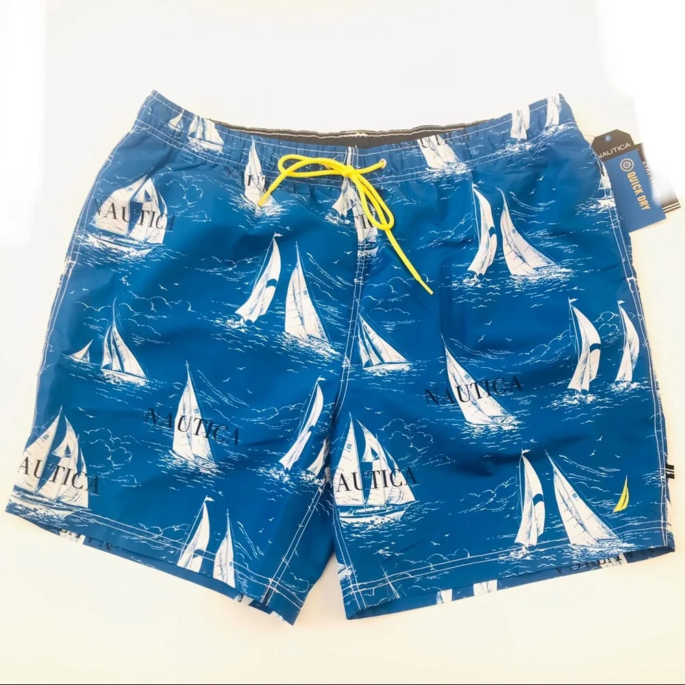 Nautica Vintage Sailboat Print Quick Dry Lined Swim Shorts Blue White Sz XXL NWT